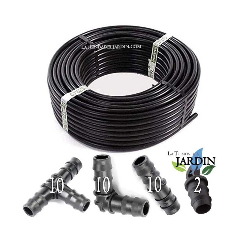 16 MM SCHWARZES GLATTES ROHR, 4 BAR, 100 METER. Enthält 10 T-Stücke, 10 Winkelstücke, 10 Verbindungsstücke und 2 Tropfstopfen.