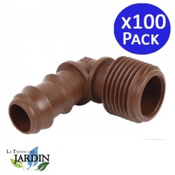 Pack 100 Codo Mixto Cinta de riego por Goteo 16mm x 3/4'' con Anillas de Seguridad, marrón