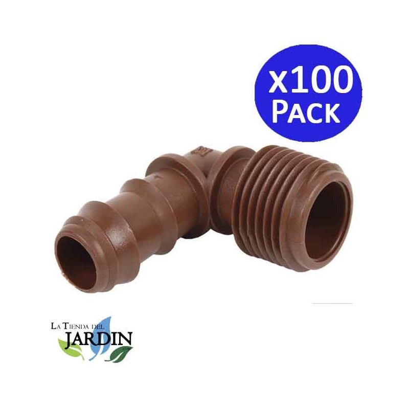 Lot de 100 Coude cannelé goutte à goutte 16mm x 3/4'' male, marron Lot de 100 Coude cannelé goutte à goutte 16mm x 3/4'' male, marron