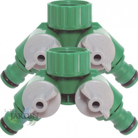 Pack 2 Conector Rapido Manguera Tuberia Adaptador de 2 Vias, Grifo doble riego por goteo Riego 3/4'', Bifurcador riego