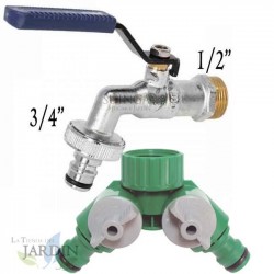 Torneira de jardim metálica de 1/2" + divisor de 2 vias. Recomendada para conectar mangueiras e sistemas de irrigação.