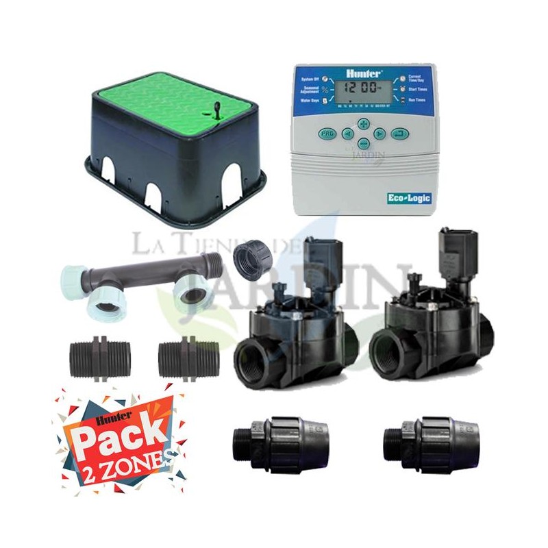 Kit Arrosage Automatique 2 zones pour irrigation pour programmateur électrique. Controlateur Hunter ELC401 + Electrovanne 100HV