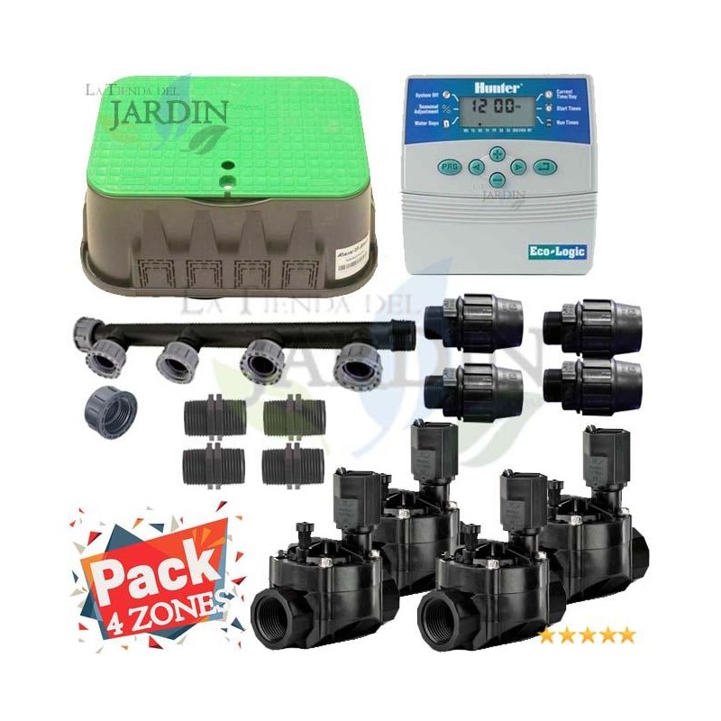 Kit Arrosage Automatique 4 zones pour irrigation pour programmateur électrique. Controlateur Hunter ELC401 + Electrovanne 100HV