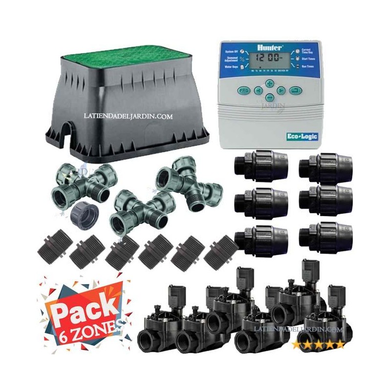 Kit Arrosage Automatique 6 zones pour irrigation pour programmateur électrique. Controlateur Hunter ELC601 + Electrovanne 100HV