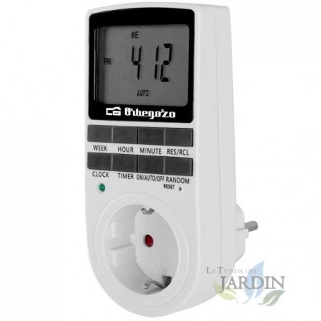 Temporizador digital Orbegozo de 24 horas, 16 ajustes. Potência máxima de 3680 W, visor LCD, uso interno/externo.