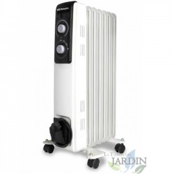 Ölradiator mit 7 Heizelementen mit hoher thermischer Trägheit. Maximale Leistung von 1500 W. 3 Heizstufen: 600 W - 900 W - 1500 
