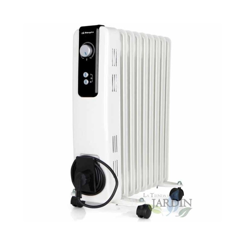 Radiador Orbegozo de 9 elementos a óleo. Potência máxima de 2.000 W. Termostato ajustável.