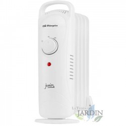 Radiador a óleo Orbegozo Junior com 5 elementos de aquecimento. Potência máxima de 700 W. Termostato ajustável.