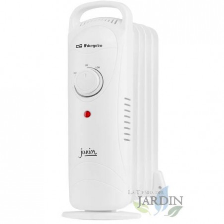 Radiateur à bain d'huile Orbegozo Junior avec 5 éléments chauffants. Puissance maximale : 700 W. Thermostat réglable.