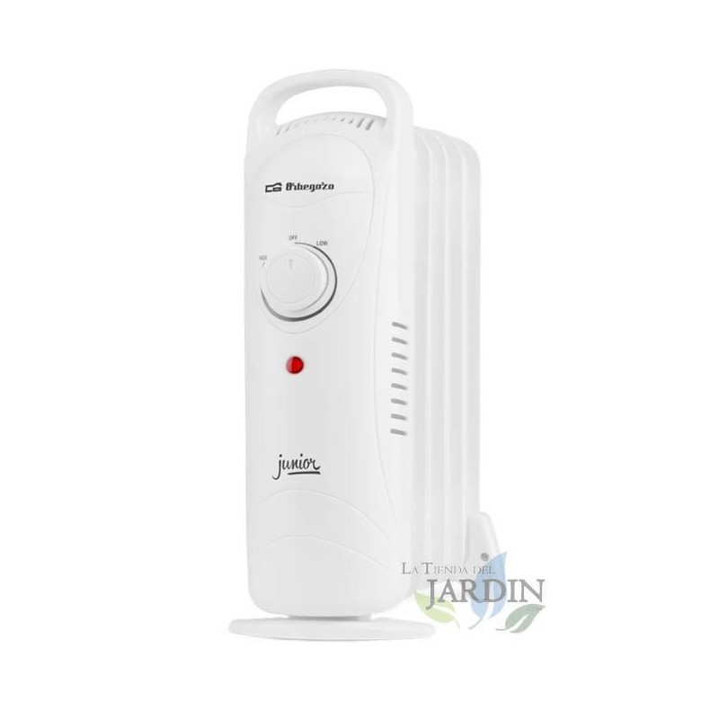 Radiador a óleo Orbegozo Junior com 5 elementos de aquecimento. Potência máxima de 700 W. Termostato ajustável.