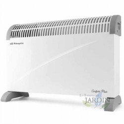 Convector. Potência máxima de 2000 W. 3 níveis de potência: 750, 1250 e 2000 W. Termostato ajustável. Fusível de segurança.