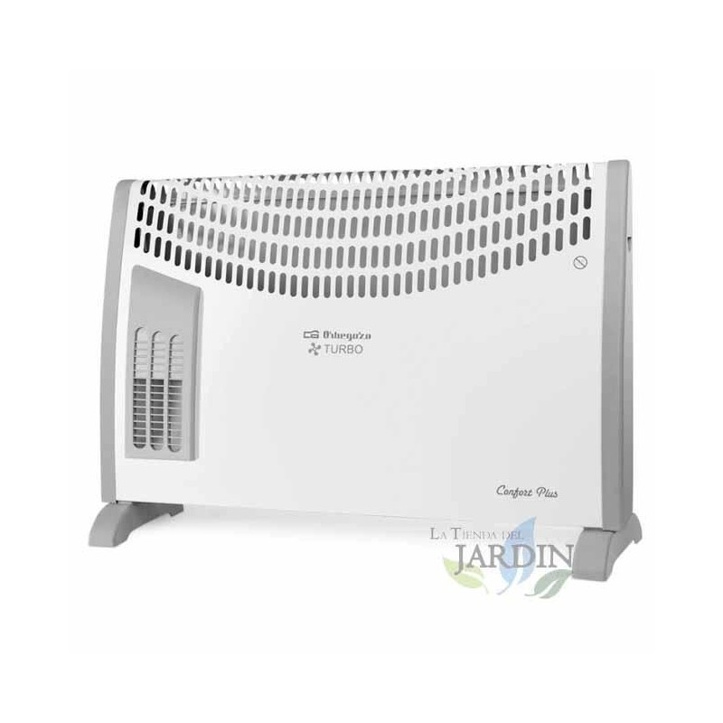 Convector com turbo ventilador. Potência máxima: 2000 W. Termostato de temperatura ambiente ajustável.