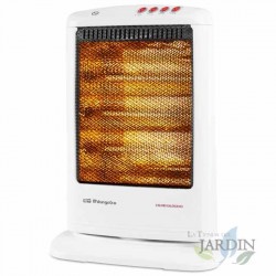 Stufa alogena Orbegozo. Tre potenze termiche: 400, 800 e 1.200 W. Emissione di calore istantanea. Sistema oscillante.