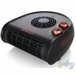 Stufa orizzontale Orbegozo. Due livelli di potenza: 1250W-2500W. Colore nero-bronzo. Selettore rotante a tre posizioni.