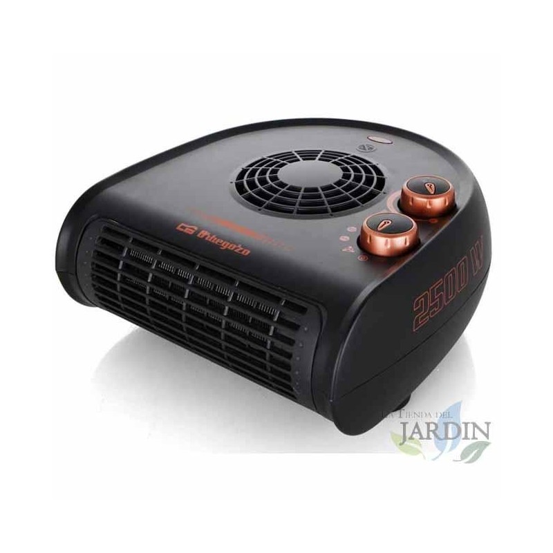 Horizontaler Heizstrahler von Orbegozo. Zwei Leistungsstufen: 1250 W – 2500 W. Schwarz-Bronze-Farbe. Dreistufiger Drehschalter.