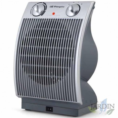 Orbegozo 90° oscillating compact heater. Continuously adjustable thermostat. Two power levels: 1,100 and 2,200 W.