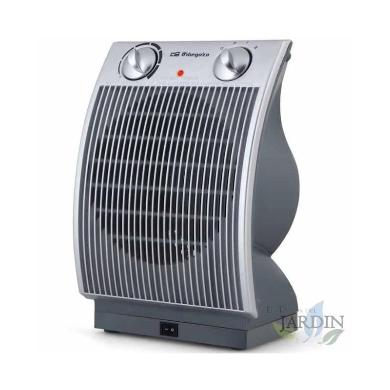Orbegozo 90° oscillating compact heater. Continuously adjustable thermostat. Two power levels: 1,100 and 2,200 W.