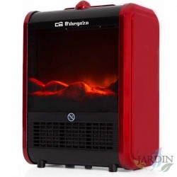 Lareira elétrica com efeito de fogo real e design vermelho e preto. Potência de 1500 W com seletor de 3 posições.
