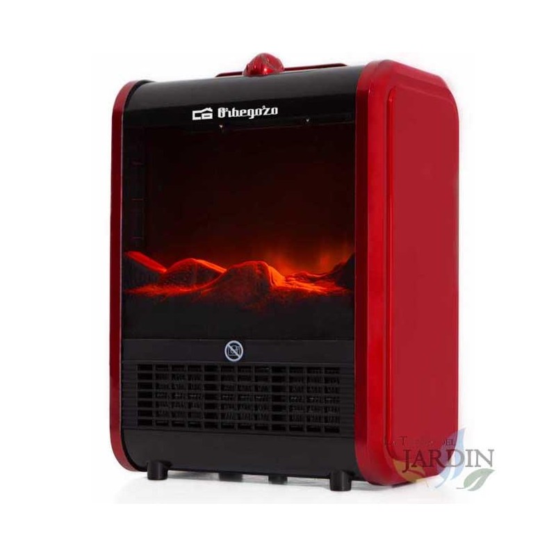 Cheminée électrique Orbegozo 1500W aveceffet flamme et feu avec arrêt de sécurité, design en rouge et noir. Sélecteur 3 position