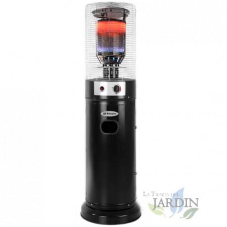 Stufa a gas da esterno. Finitura nera. Potenza massima: 11.000 W. Calore istantaneo. Funziona a butano/propano. Altezza: 1,36 m.