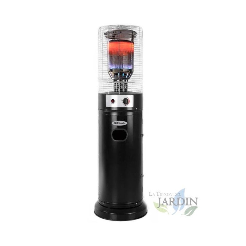 Patio gas heater. Black finish. Maximum power: 11,000 W. Instant heat. Operates on butane/propane. Height: 1.36 m.