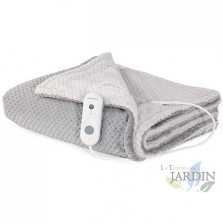 Coperta elettrica bicolore grigio e bianco. Potenza 120 W. Controllo elettronico rimovibile. Dimensioni: 100 x 170 cm.