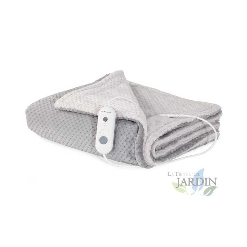 Two-tone gray and white electric blanket. 120 W power. Removable electronic control. Dimensions: 100 x 170 cm.