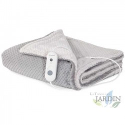 Cobertor elétrico bicolor cinza e branco. Potência de 120 W. Controle eletrônico removível. Dimensões: 100 x 170 cm.