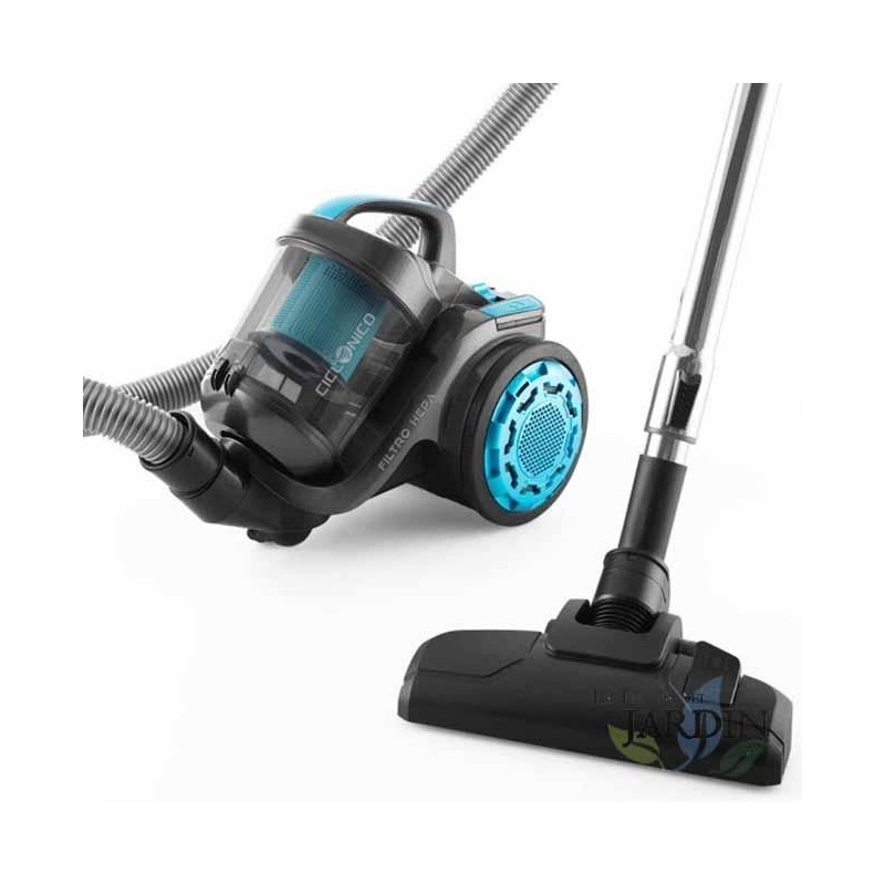 Aspirador de pó sem saco. Sistema ciclônico. Potência de 700 W. Motor de alta eficiência e baixo consumo.