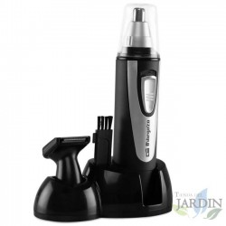 Nose, ear, beard, and mustache hair trimmer. 2 interchangeable heads. Cordless. Precise double-edged blades.