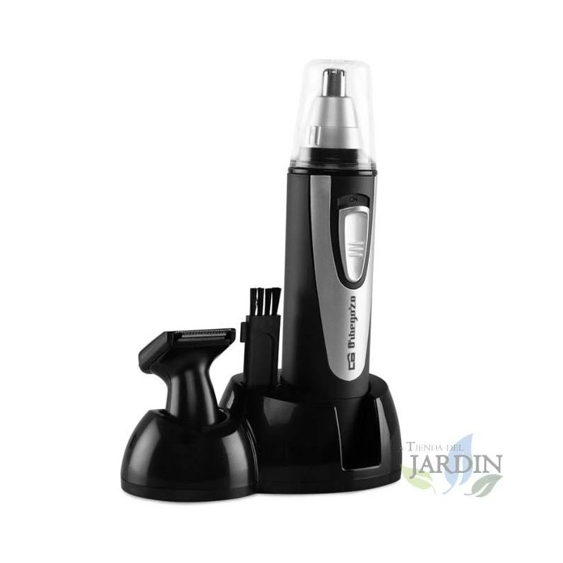 Nose, ear, beard, and mustache hair trimmer. 2 interchangeable heads. Cordless. Precise double-edged blades.
