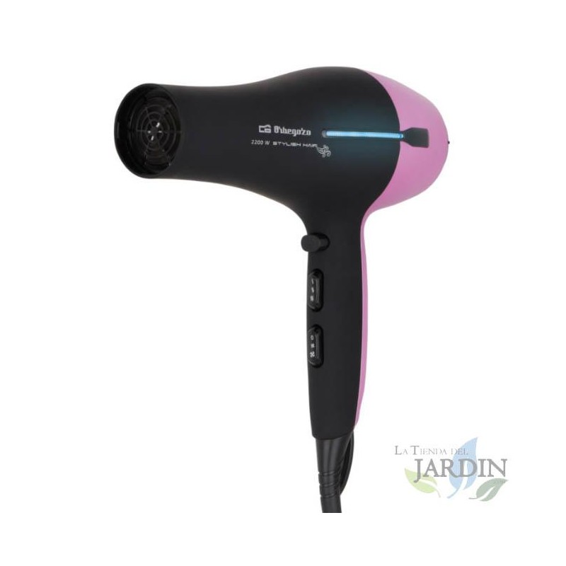  2200 W hair dryer with Orbegozo LED light.  3 temperature levels.  2 speed levels.  Cold air button.