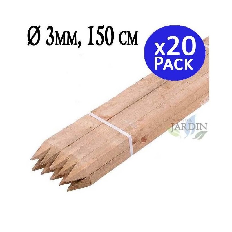 Poste tutor de madera 150 cm, diámetro 3 cm. 20 unidades