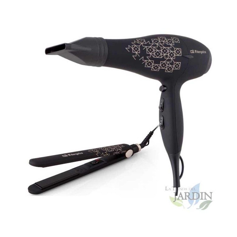 Orbegozo Beauty-Set.  2000 W Trockner, 2 Geschwindigkeiten, 3 Temperaturen.  35 W Haarglätter, 90 x 25 mm Keramikplatten.  Orbegozo Beauty-Set.  2000 W Trockner, 2 Geschwindigkeiten, 3 Temperaturen.  35 W Haarglätter, 90 x 25 mm Keramikplatten.