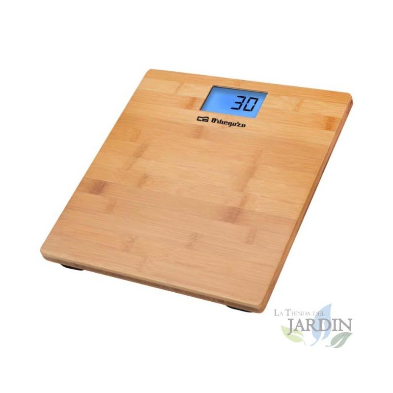 Balança eletrônica de banheiro Orbegozo, capacidade máxima 150 kg, visor LCD, grande superfície de madeira de bambu