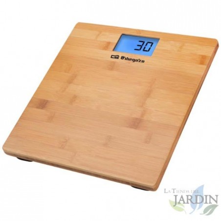  Orbegozo electronic bathroom scale.  Maximum capacity: 150 kg.  LCD screen.  Large bamboo wooden surface.  Low consumption.