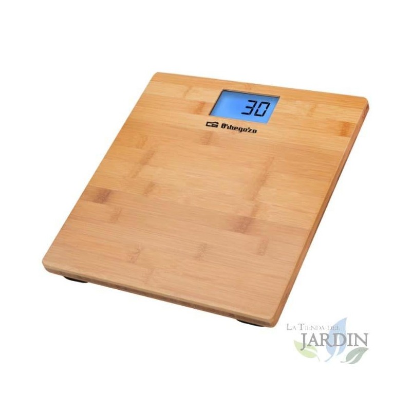 Balança eletrônica de banheiro Orbegozo. Capacidade máxima: 150 kg. Visor LCD. Ampla superfície de bambu. Baixo consumo.