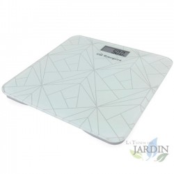 Bilancia elettronica da bagno. Superficie in vetro temperato bianco. Portata massima: 180 kg. Dimensioni: 29 x 28 x 2 cm.