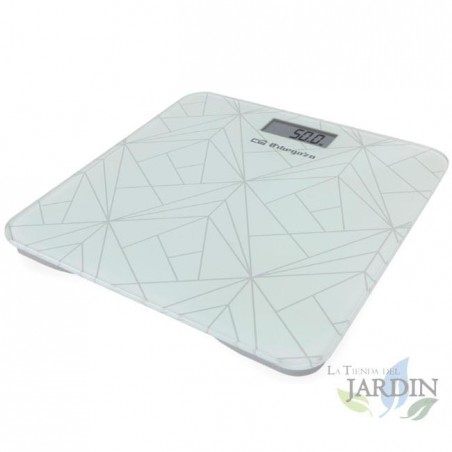 Bilancia elettronica da bagno. Superficie in vetro temperato bianco. Portata massima: 180 kg. Dimensioni: 29 x 28 x 2 cm.