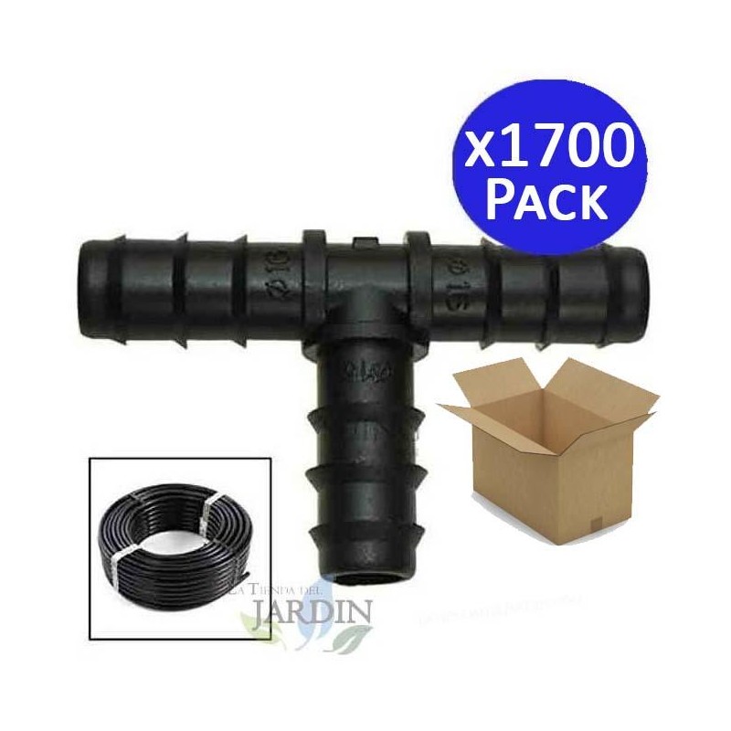 1700 x Té goutteur 16mm. Raccord pour tuyau d'irrigation de diamètre 16 mm, noir