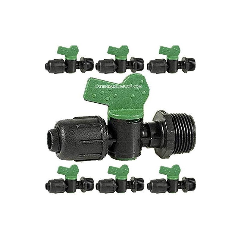 Pack 10 Llave de paso cinta riego por goteo 16mm x 1/2'', válvula conectora resistente para sistemas de riego