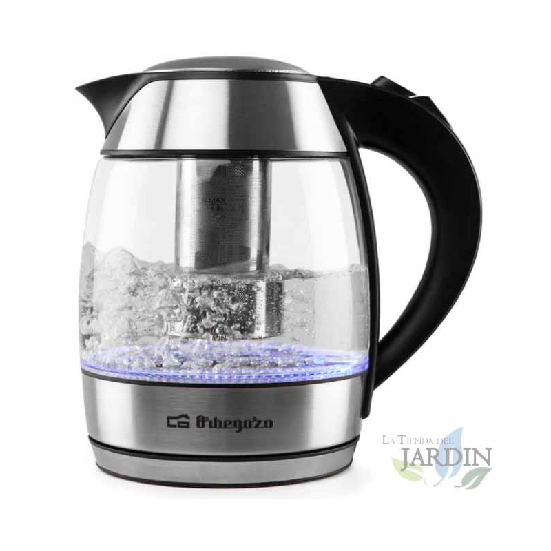  Wasserkocher aus Orbegozo-Glas.  Fassungsvermögen 1,8 l. Leistung 2200 W.  Graduiertes Glasgefäß.