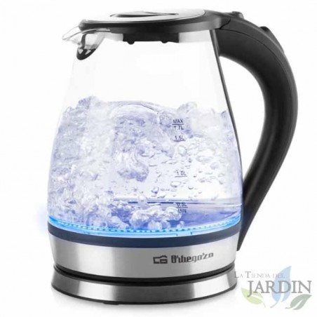 Hervidor de agua cristal Orbegozo. Capacidad 1,7 L. Jarra en vidrio graduada. Iluminación interior LED azul. Potencia 2200W.