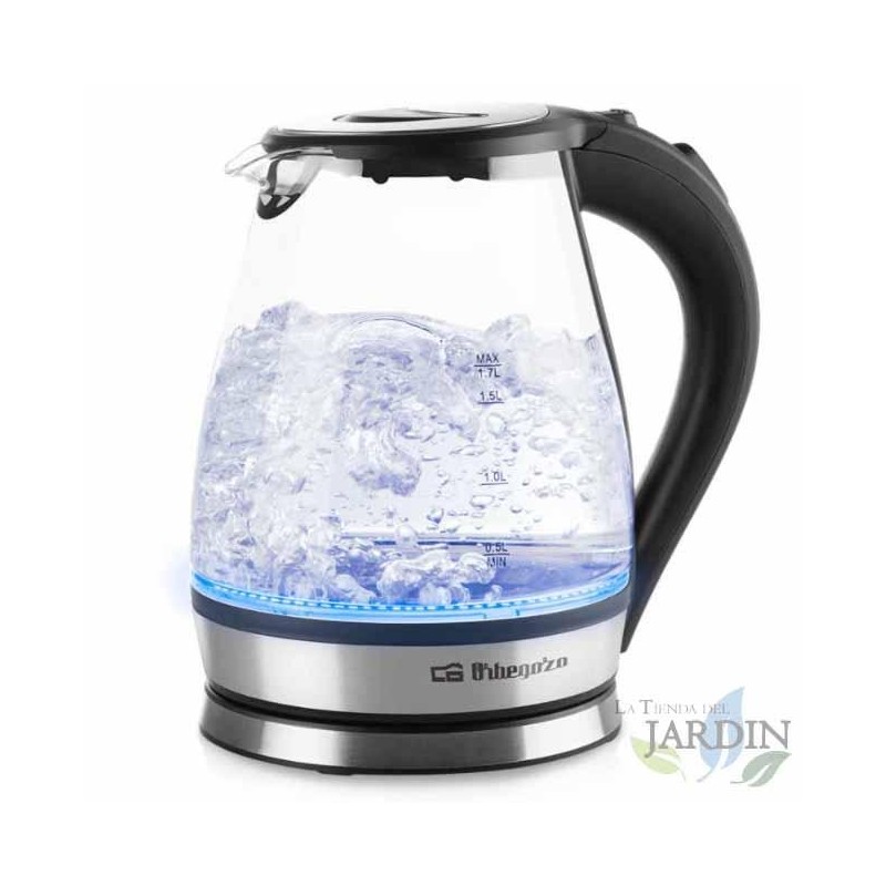 Orbegozo glass kettle. 1.7 L capacity. Graduated glass jug. Blue LED interior lighting. 2200W power.