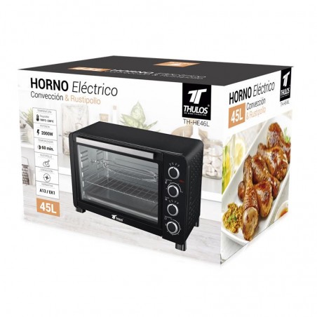 Horno electrico Thulos 45L convección 2000W, regulación de temperatura hasta 230ºC, rejilla y bandeja, 55,5x42,5x36 cm