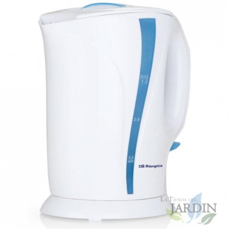 Hervidor de agua 1 litro Orbegozo. Libre de BPA. Jarra extraíble. Potencia 750-900W. Resistencia sumergida.