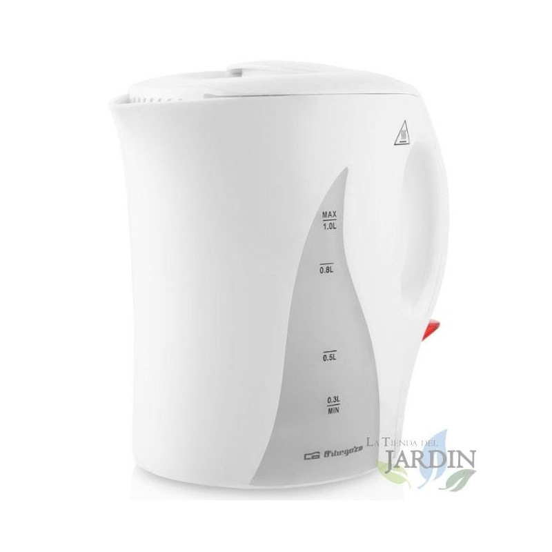Orbegozo kettle. Rapid boiling. 1L capacity. 1000W power. Submersible heating element.