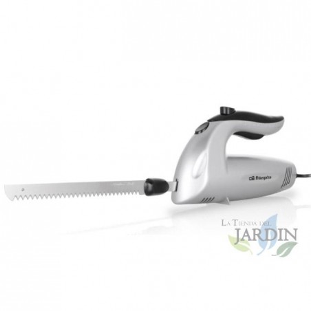 Coltello elettrico Orbegozo. Lama seghettata in acciaio inox. Include una lama aggiuntiva per alimenti congelati.