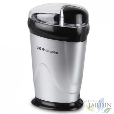 Macinacaffè Orbegozo. Potenza 150W. Lama e contenitore in acciaio pregiato. Interruttore di sicurezza. Coperchio trasparente.