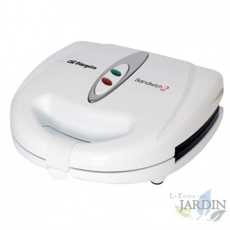 Weißer Orbegozo Sandwichmaker. Für 2 Sandwiches. Schneidet das Sandwich nicht. Antihaftbeschichtung. 800 W.